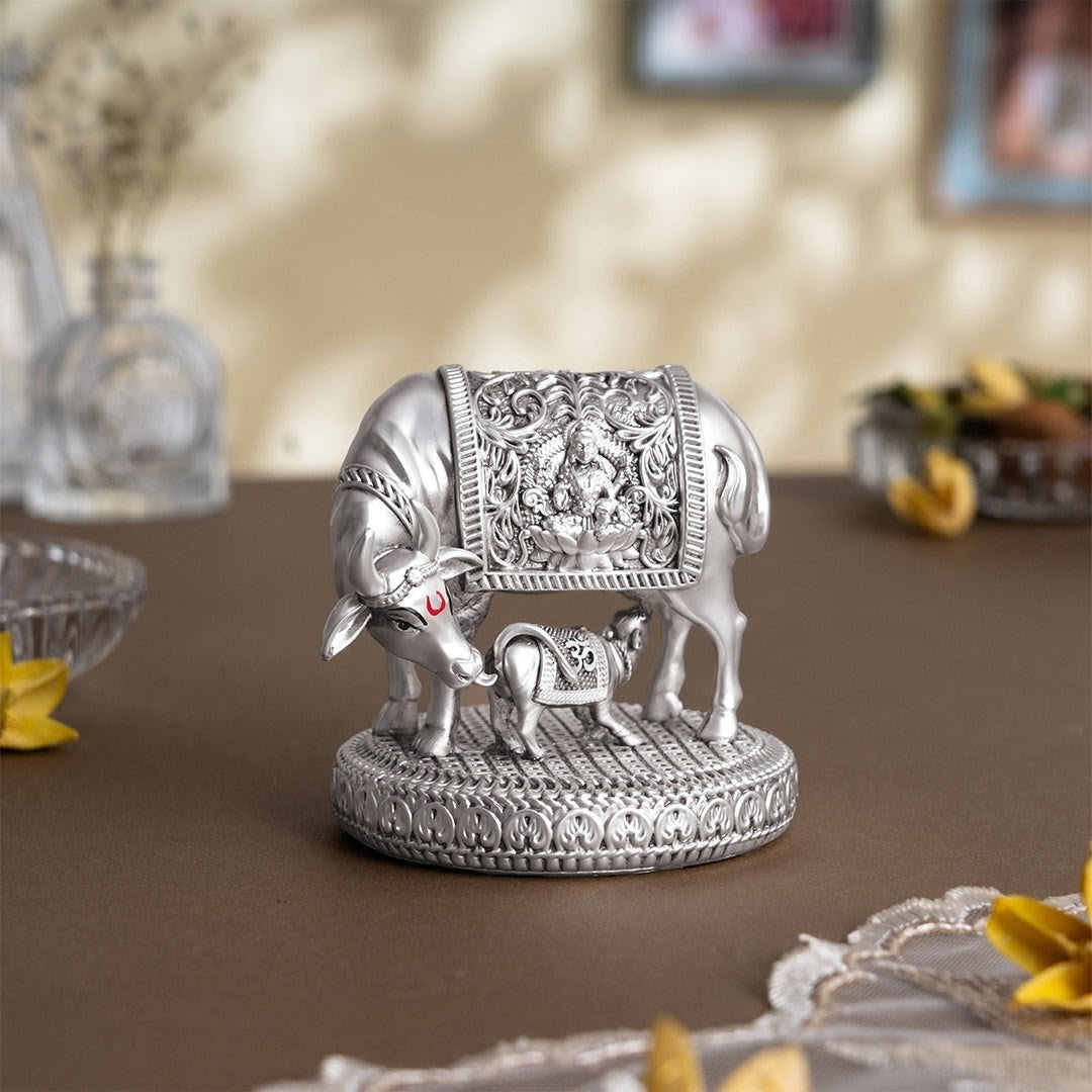 Silver Plated Kamdhenu Cow with Calf Idol – Vastu Remedy for Prosperity & Peace (2.5 Inch)