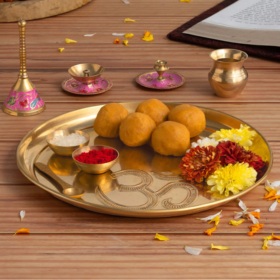 Brass Om Engraved Pooja Thali Set (10 Inch)