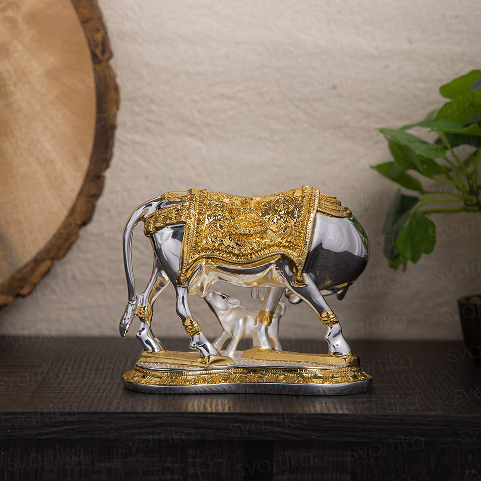 Kamdhenu Cow Idol - Gold & Silver Plated - ASHIRWADAM