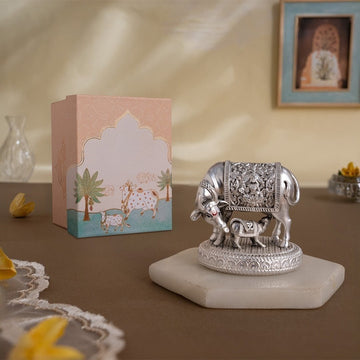 Silver Plated Kamdhenu Cow with Calf Idol – Vastu Remedy for Prosperity & Peace (2.5 Inch)