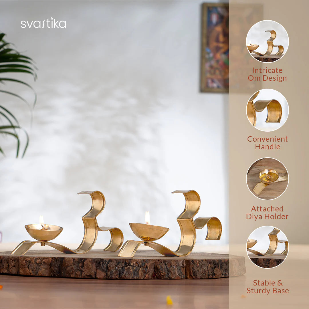 OM ૐ Brass Oil Lamp Diya with Handle - Set of 2 (3 Inch)