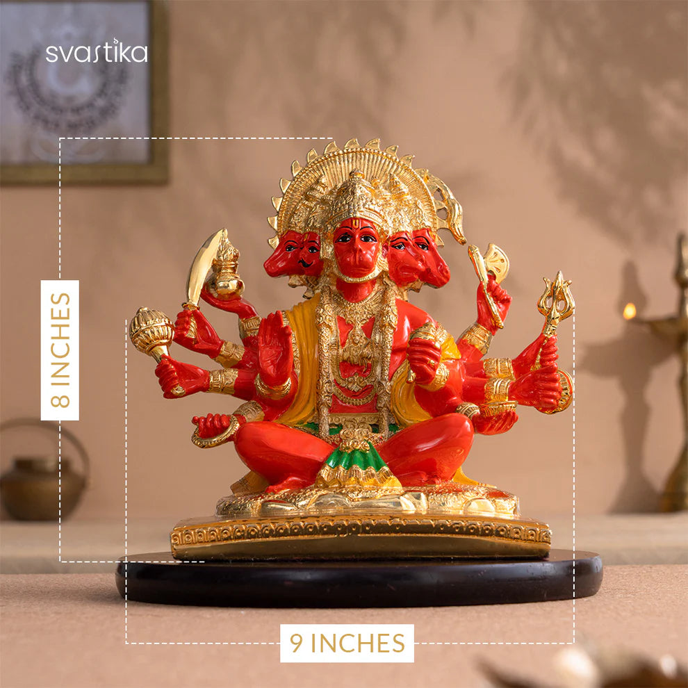 Panchmukhi Hanuman Statue With Orange Enamel - Gold Plated (8 Inch)
