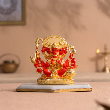 Panchmukhi Hanuman Statue With Orange Enamel - Gold Plated (5 Inch)