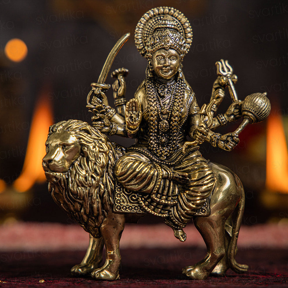 Brass 8 Armed Maa Durga Idol Sitting on Lion (5 Inch) - ASHIRWADAM