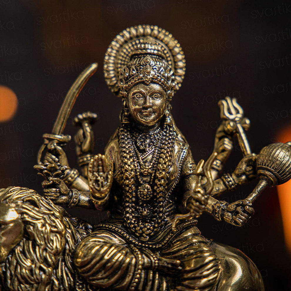 Brass 8 Armed Maa Durga Idol Sitting on Lion (5 Inch) - ASHIRWADAM