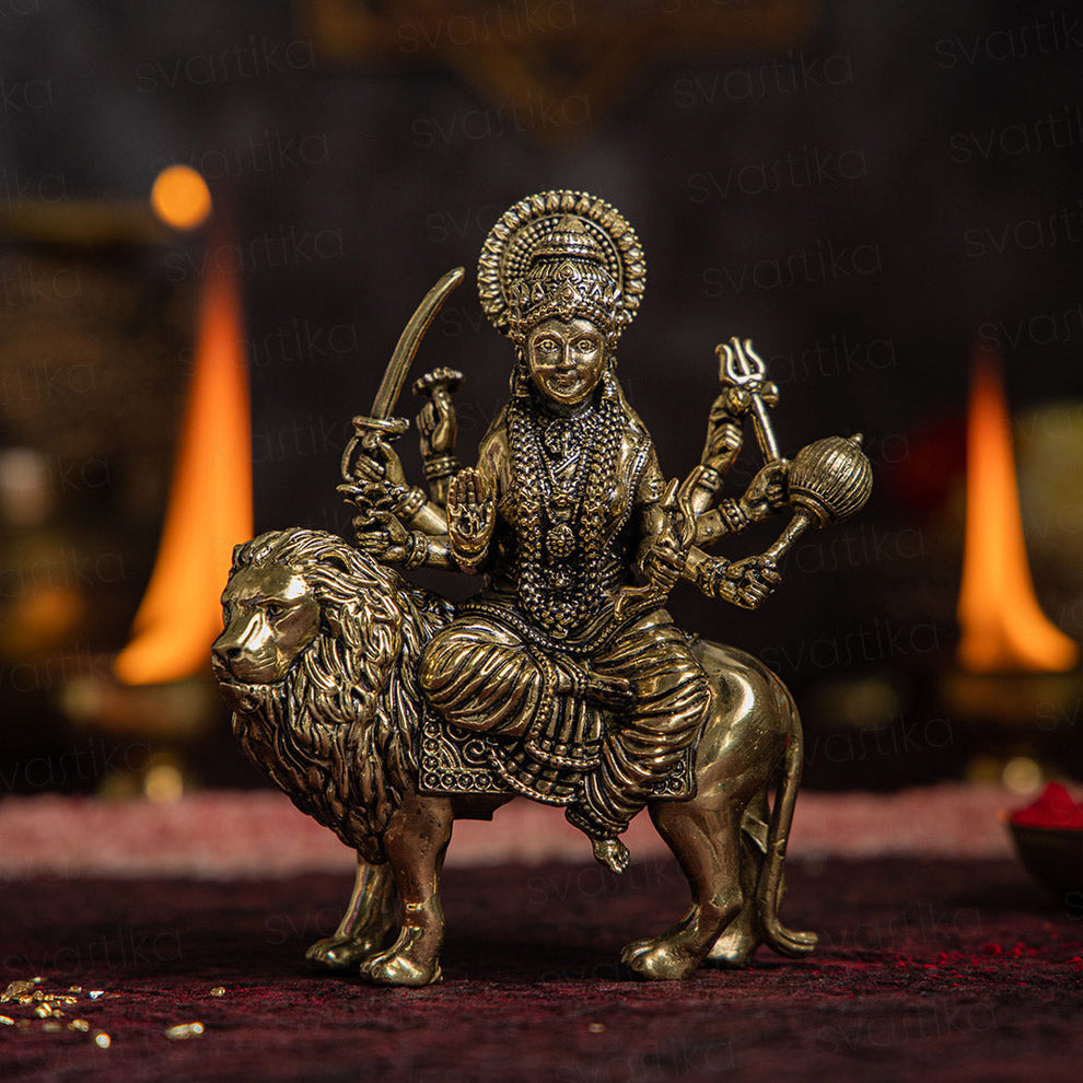 Brass 8 Armed Maa Durga Idol Sitting on Lion (5 Inch) - ASHIRWADAM