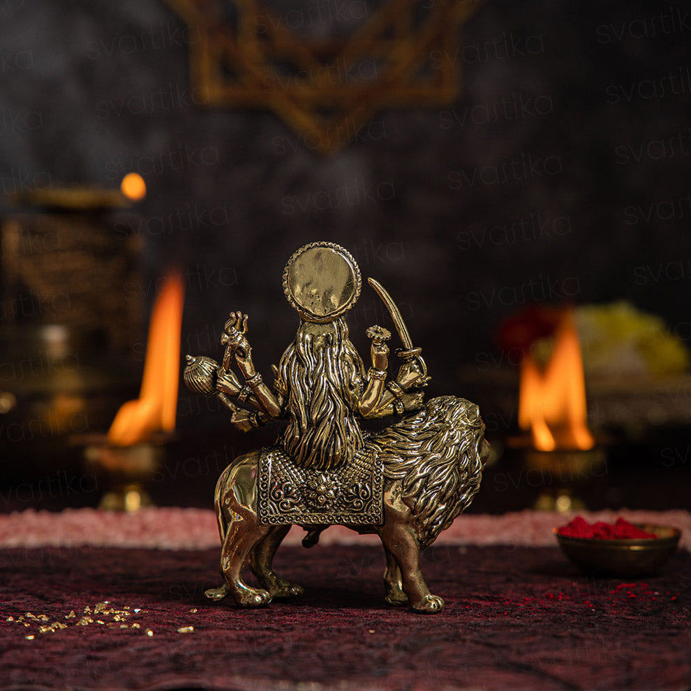 Brass 8 Armed Maa Durga Idol Sitting on Lion (5 Inch) - ASHIRWADAM