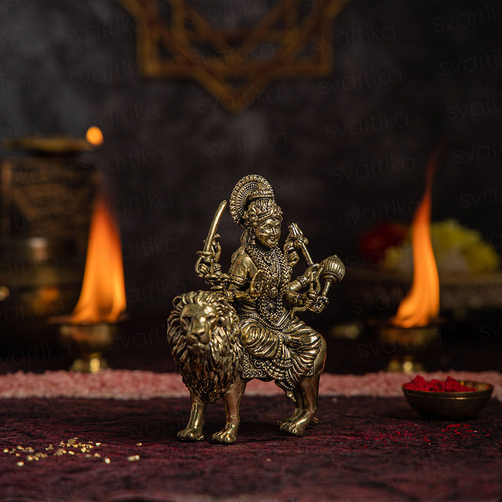 Brass 8 Armed Maa Durga Idol Sitting on Lion (5 Inch) - ASHIRWADAM