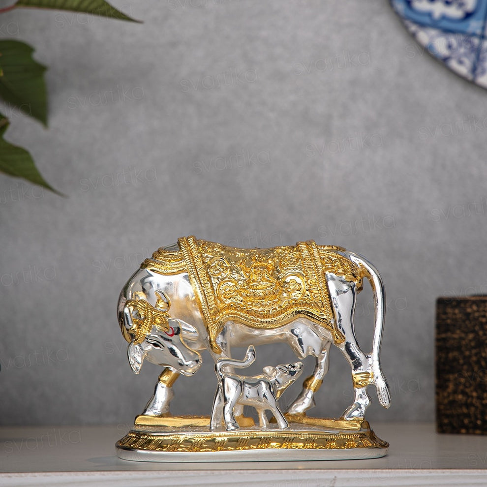 Kamdhenu Cow Idol - Gold & Silver Plated - ASHIRWADAM
