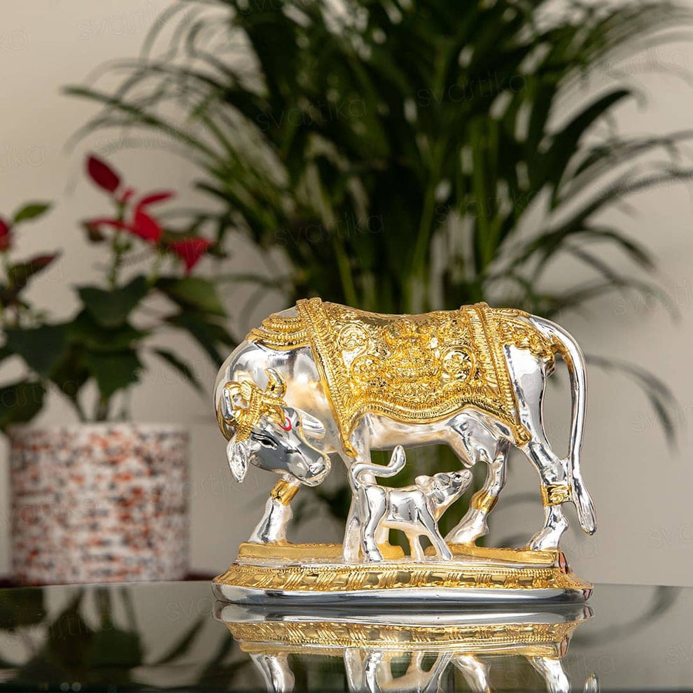 Kamdhenu Cow Idol - Gold & Silver Plated - ASHIRWADAM